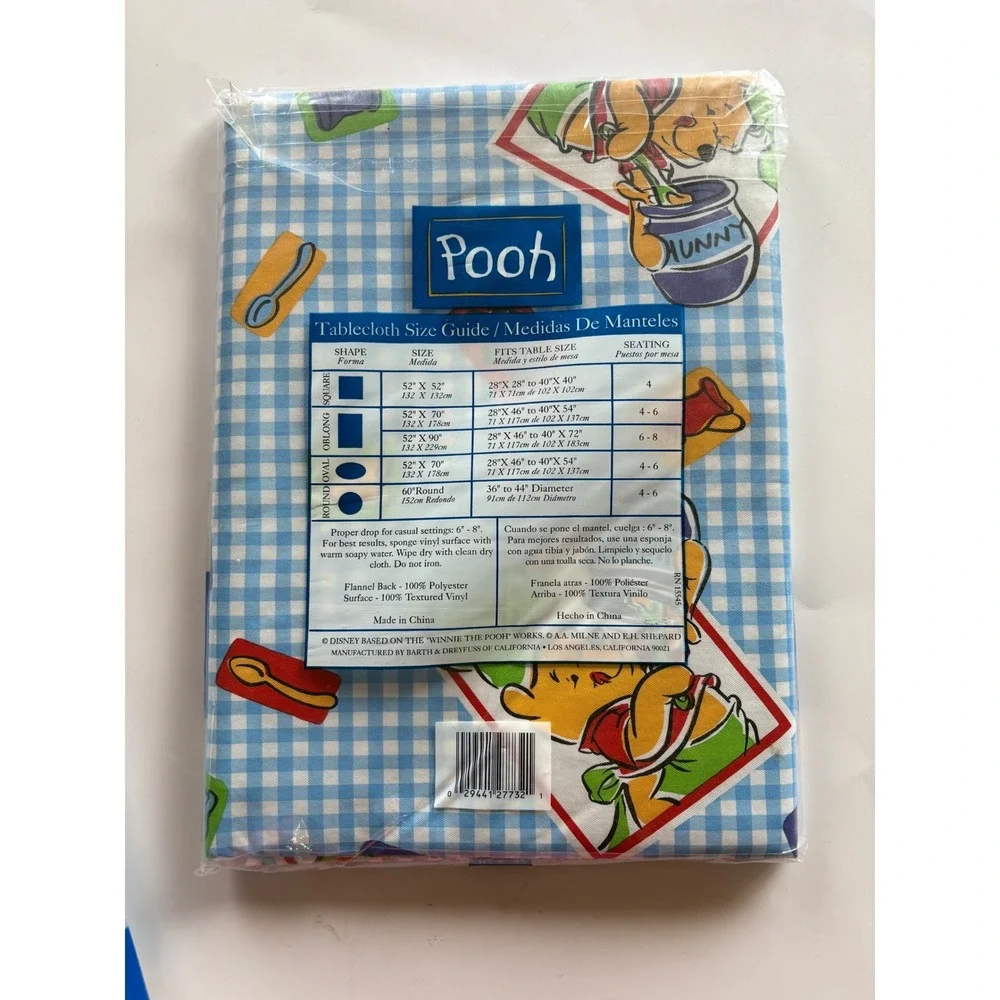 VTG Disney Winnie the Pooh Vinyl Tablecloth 52x70 Oblong Blue Gingham‎ Flannel
